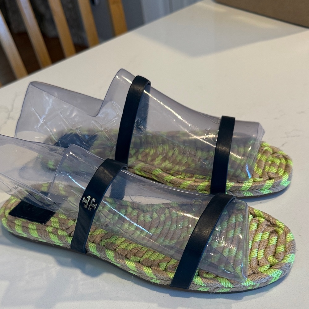Tory Burch Black Strap Slide Sandals with Neon Green Braided Rope Insole